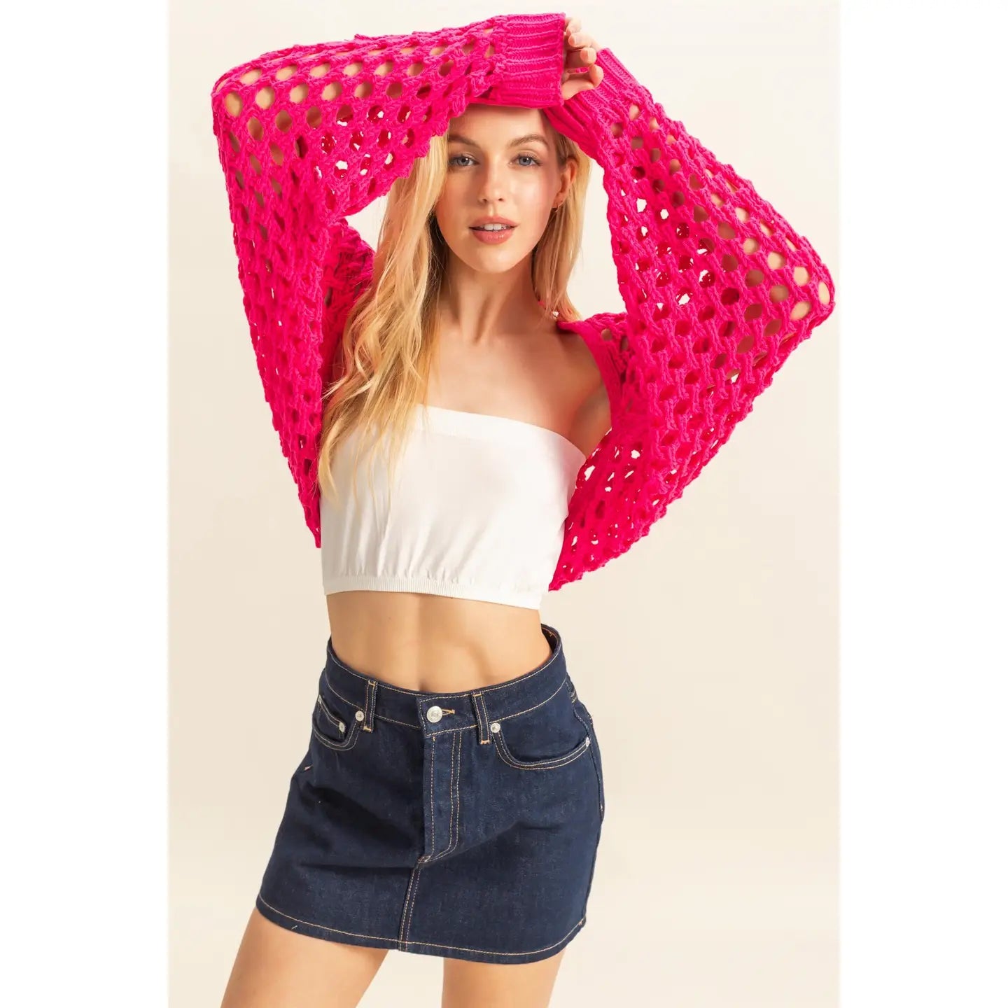 Open Stitch Long Sleeve Bolero Cardigan Fuchsia Tops