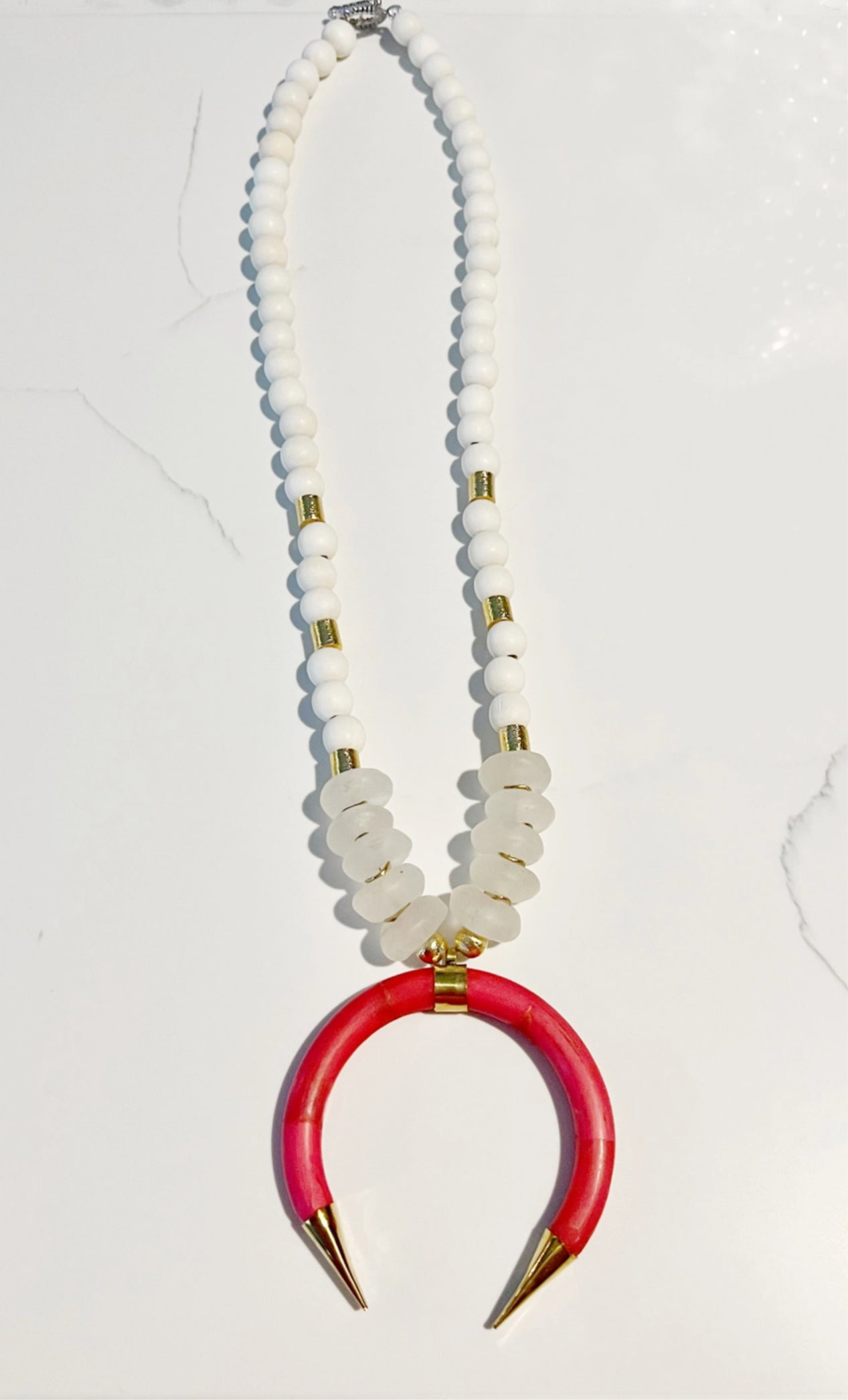 White Wood & Recycled Bone Bead Necklace Pink Bone Pendant