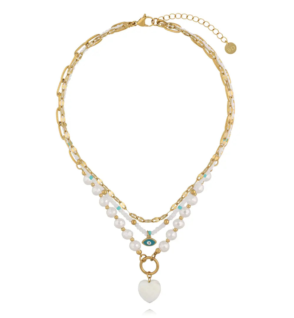 Evil Eye and Heart Jade Necklace Stainless Steel