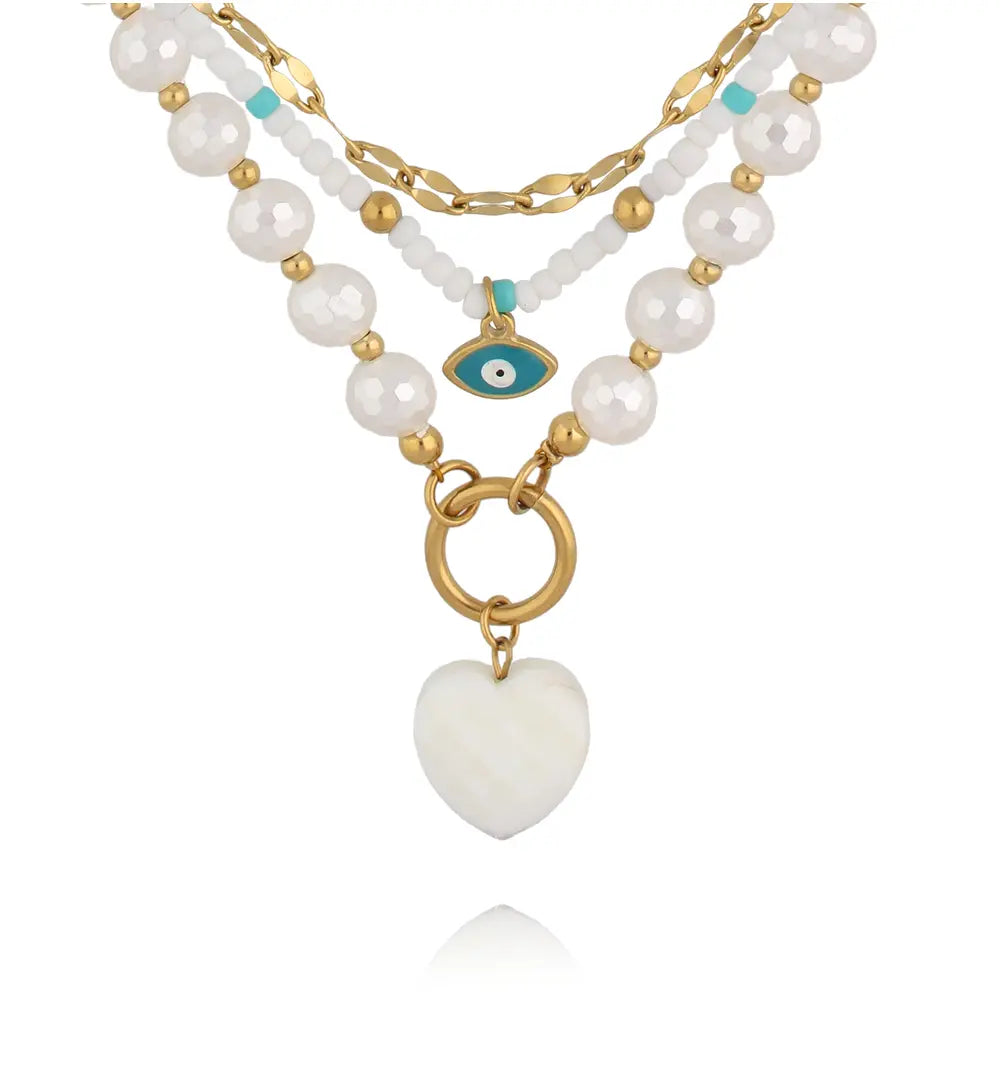 Evil Eye and Heart Jade Necklace Stainless Steel