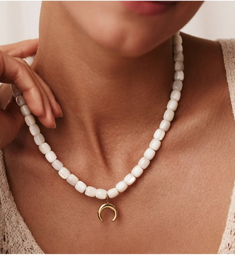White Necklace with Moon Pendant