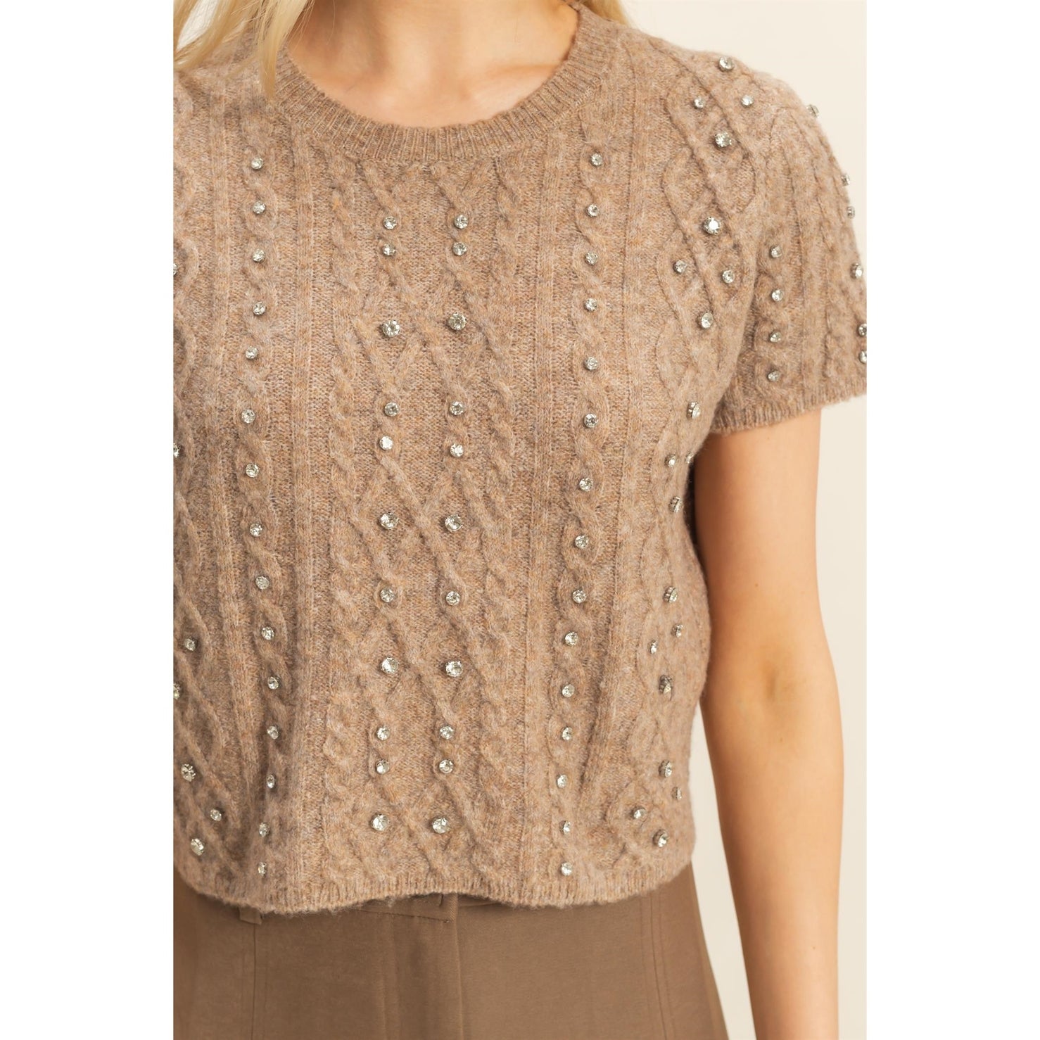 Rhinestone Studded Sweater Top Mocha