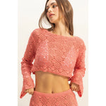 Coral Open Stitch Knit Long Sleeve Crop Top
