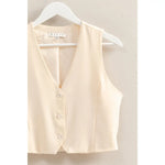 Cream Sleeveless V-Neck Button Vest