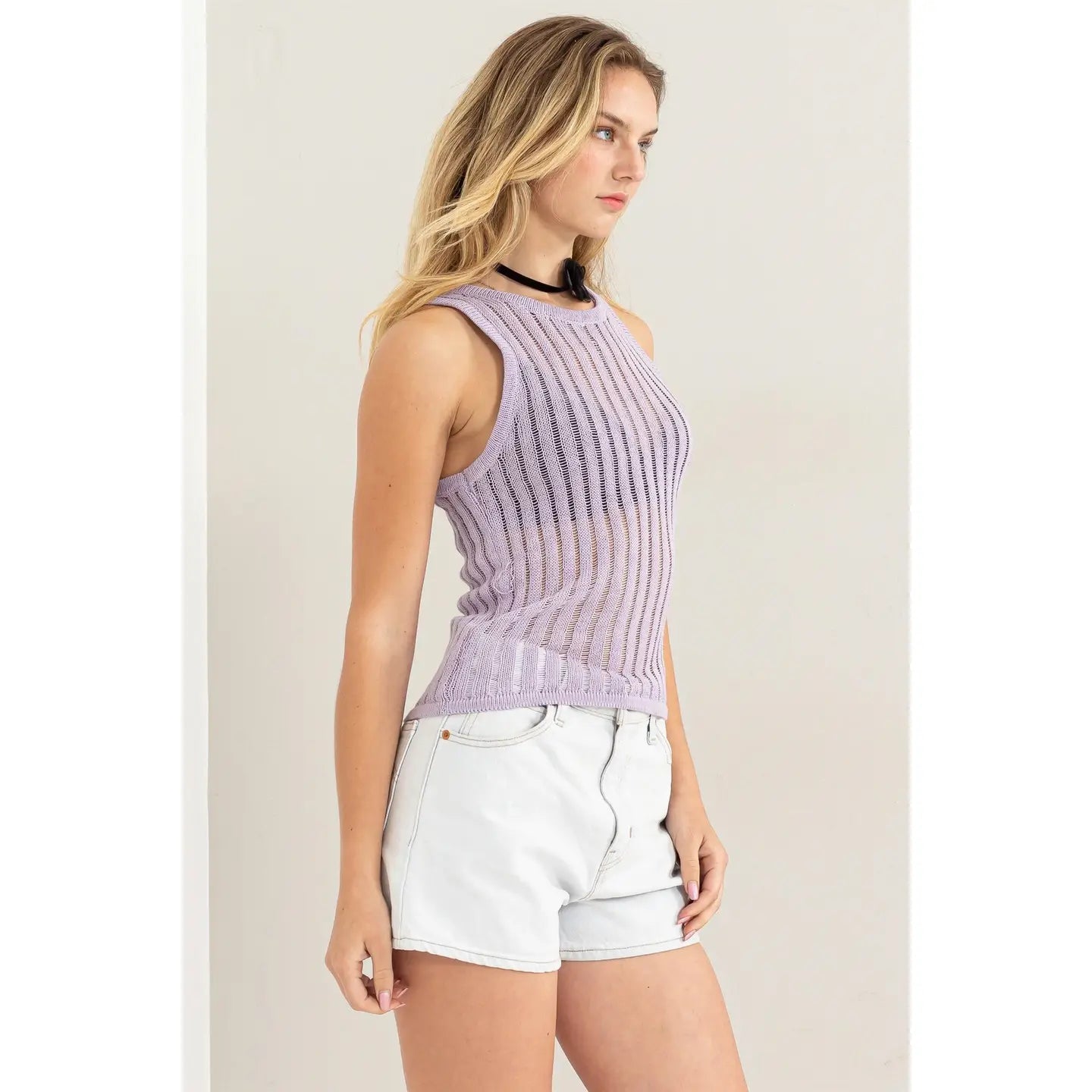 Lavender Open Knit Sweater Tank Top