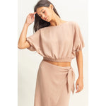 Dark Taupe Crinkle Woven Elasticized Hem Crop Top