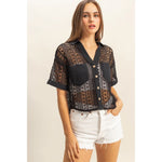 Black Short Sleeve Crochet Fabric Shirt