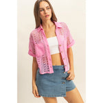 Pink Short Sleeve Crochet Fabric Shirt