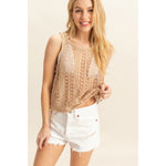 Light Taupe Sleeveless Crew Neck Crochet Top