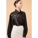 Long Sleeve Bling Bow Embellished Shirt Top