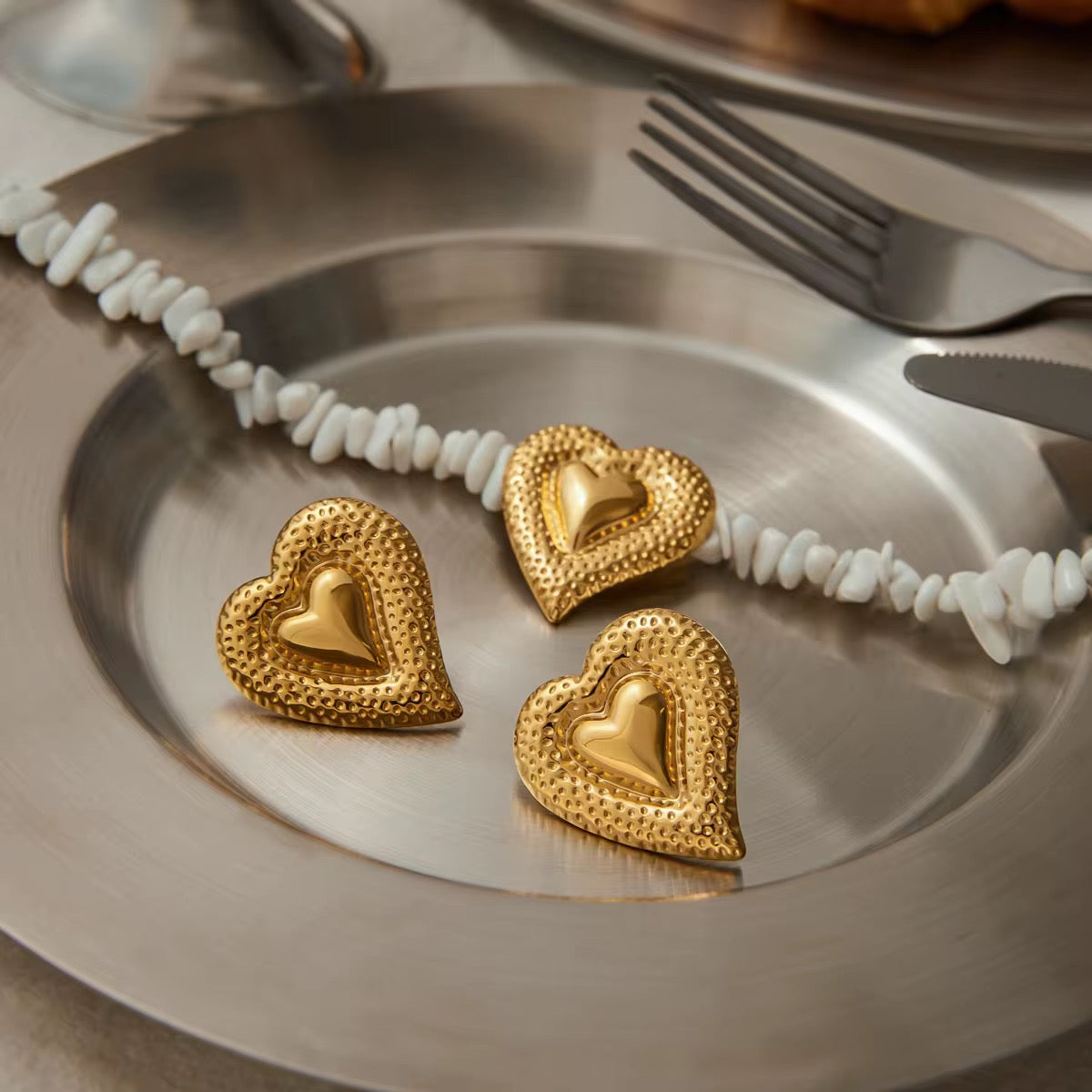 White Stone Heart Necklace Stainless Steel Gold Plated