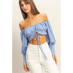Light Blue Off the Shoulder Satin Crop Top
