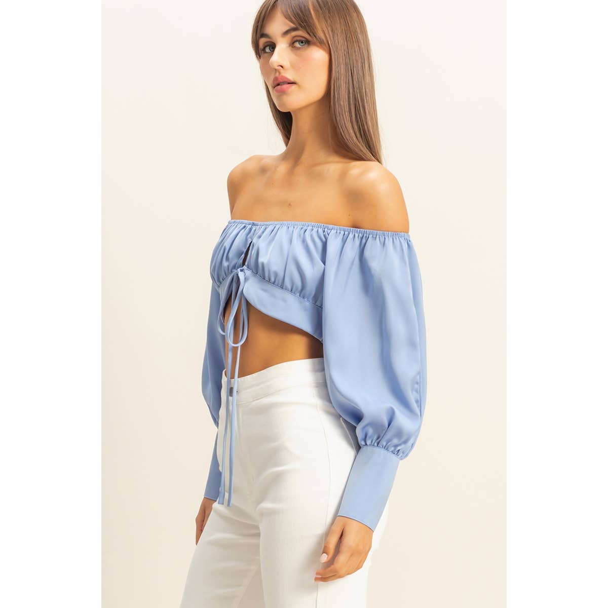 Light Blue Off the Shoulder Satin Crop Top
