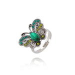 Sweet Emerald Green Butterfly Silver Adjustable Ring