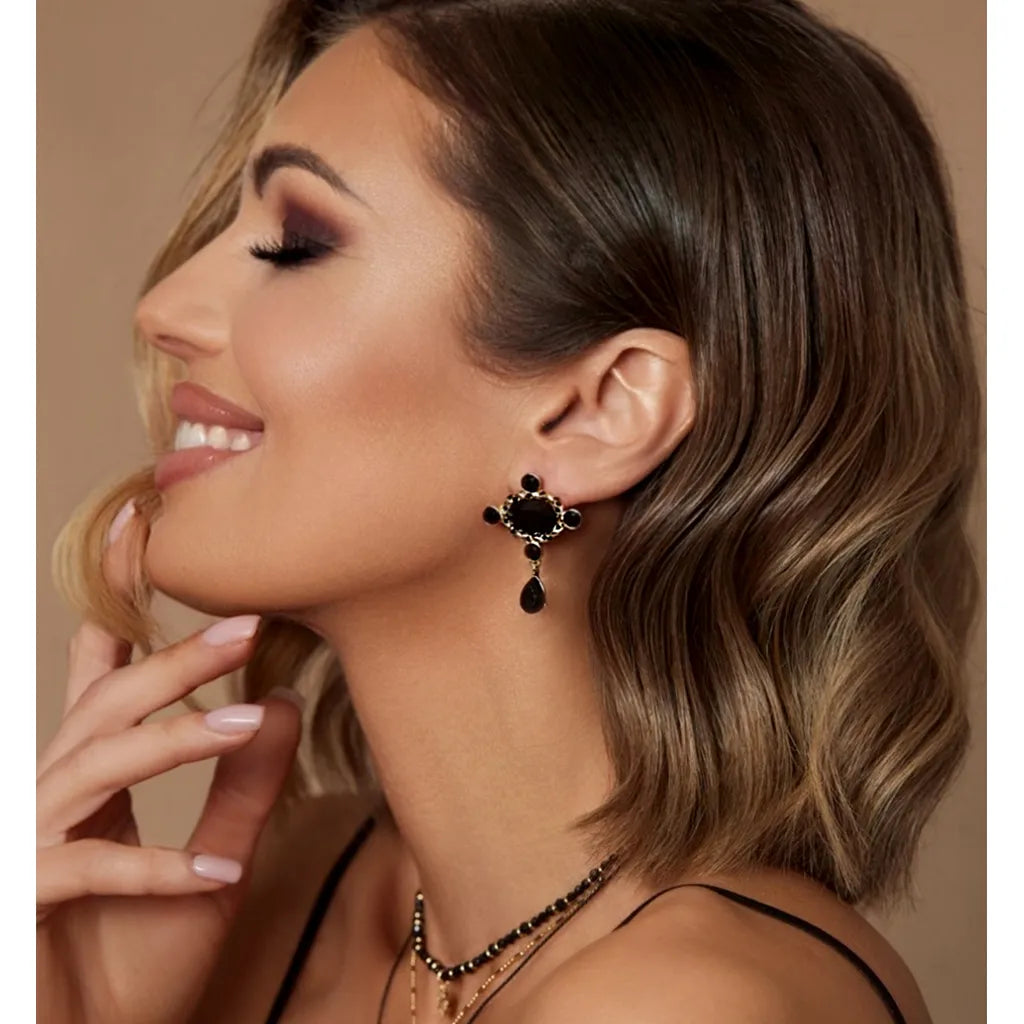 Sienna Black Crystal Gold Earrings