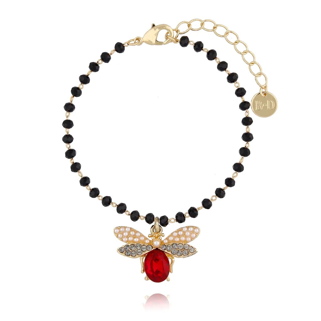 Red Dragonfly Bracelet with Gray Crystals