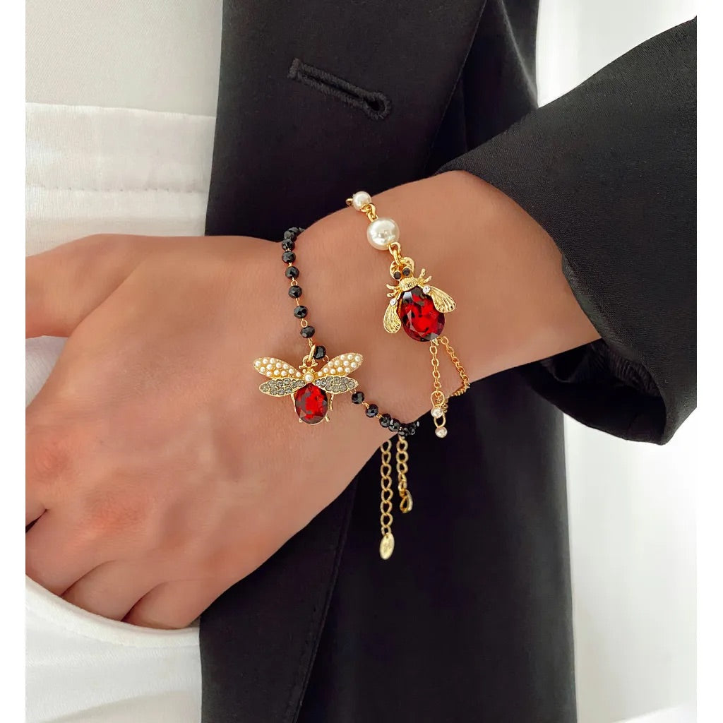 Red Dragonfly Bracelet with Gray Crystals