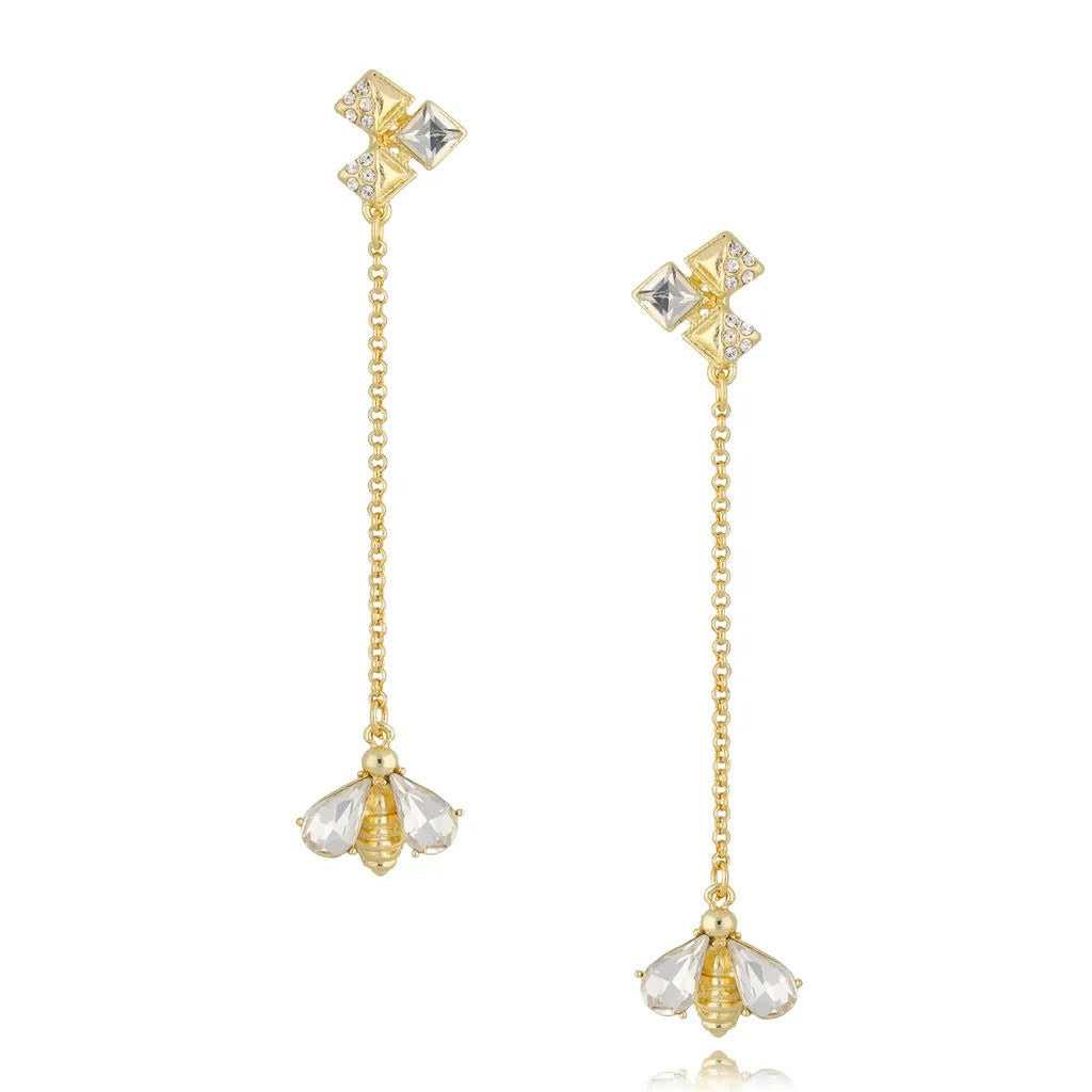 Long Earrings with Clear Crystal Bee