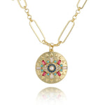 Gold Paperclip Long Necklace with Evil Eye Pendant