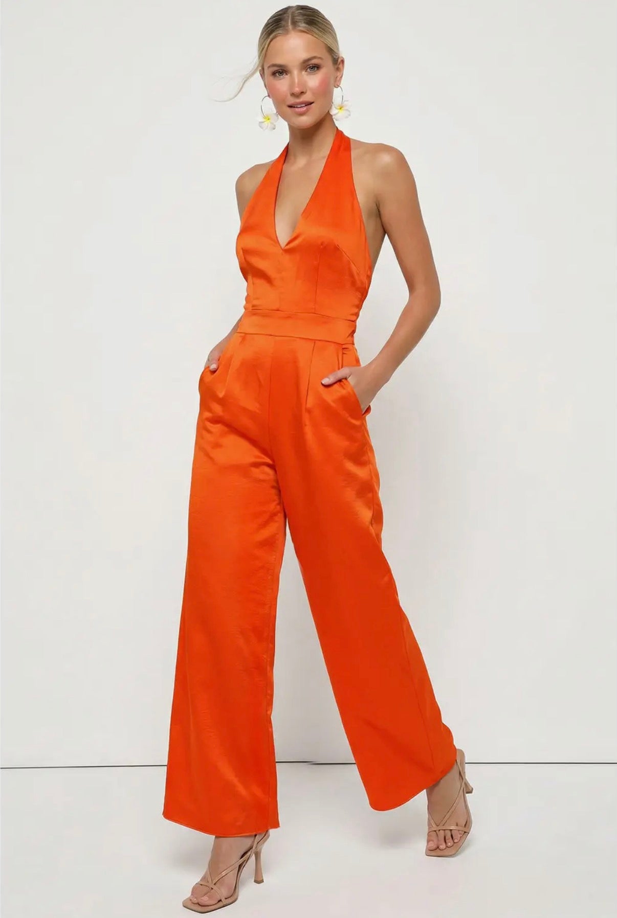 Sunset Orange Satin Halter Wide Leg Jumpsuit
