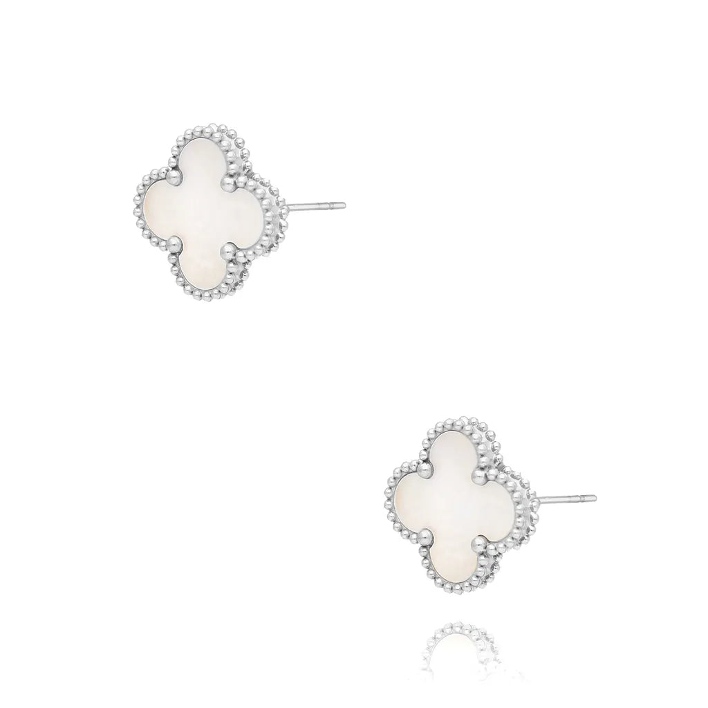 White Silver Clover Stud Stainless Steel Earrings