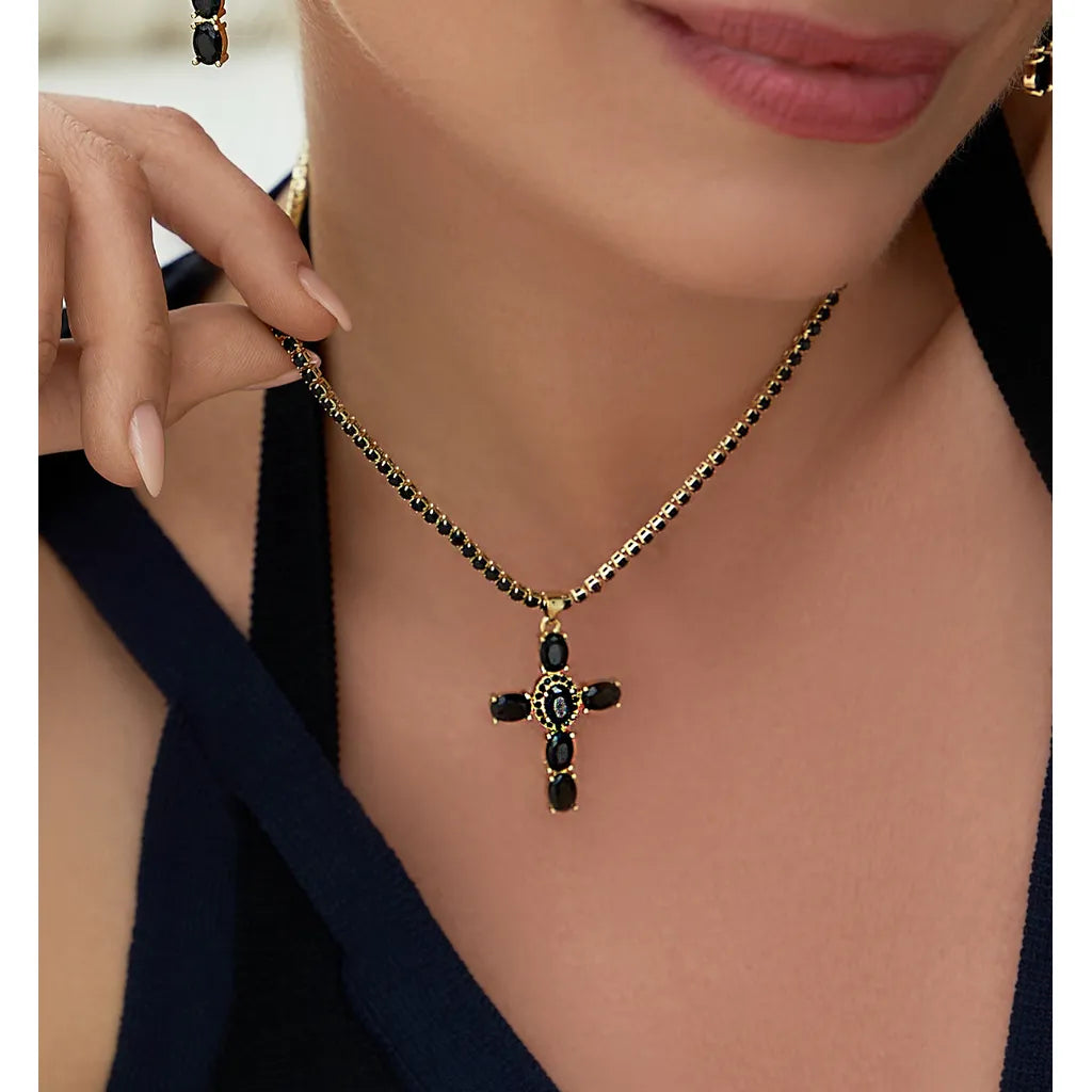 Black Crystal Cross Necklace