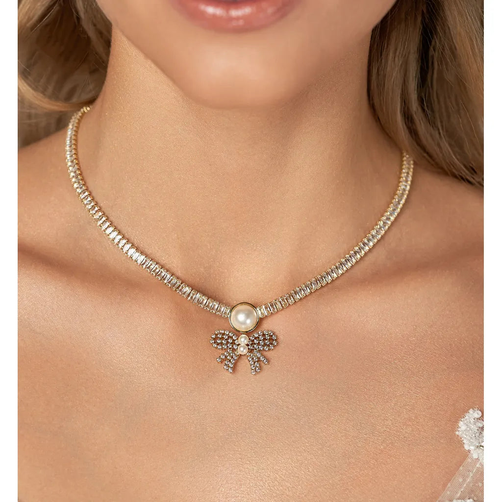 Pearl and Crystal Bow Necklace