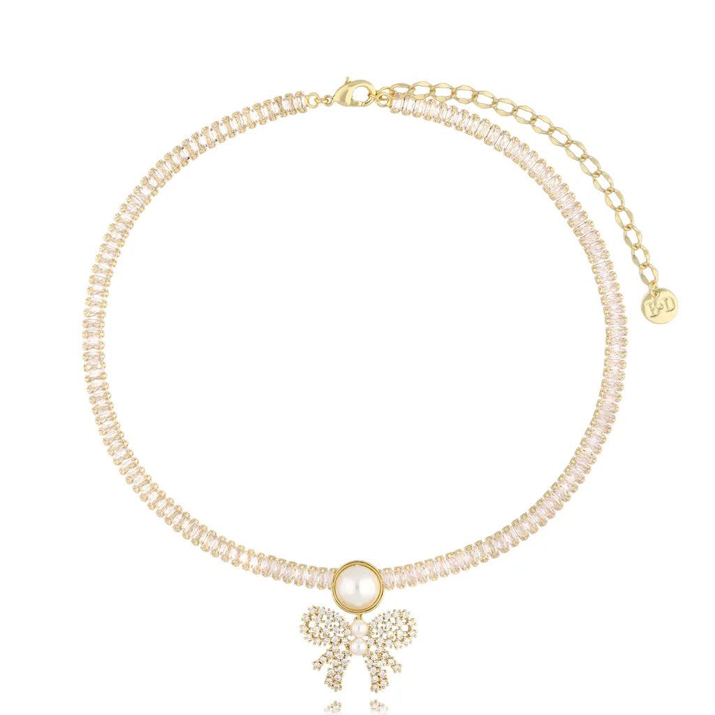 Pearl and Crystal Bow Necklace