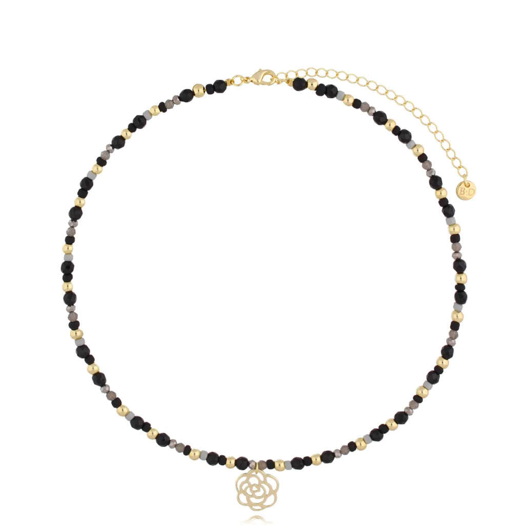 Rose Pendant Black Crystal and Jade Necklace