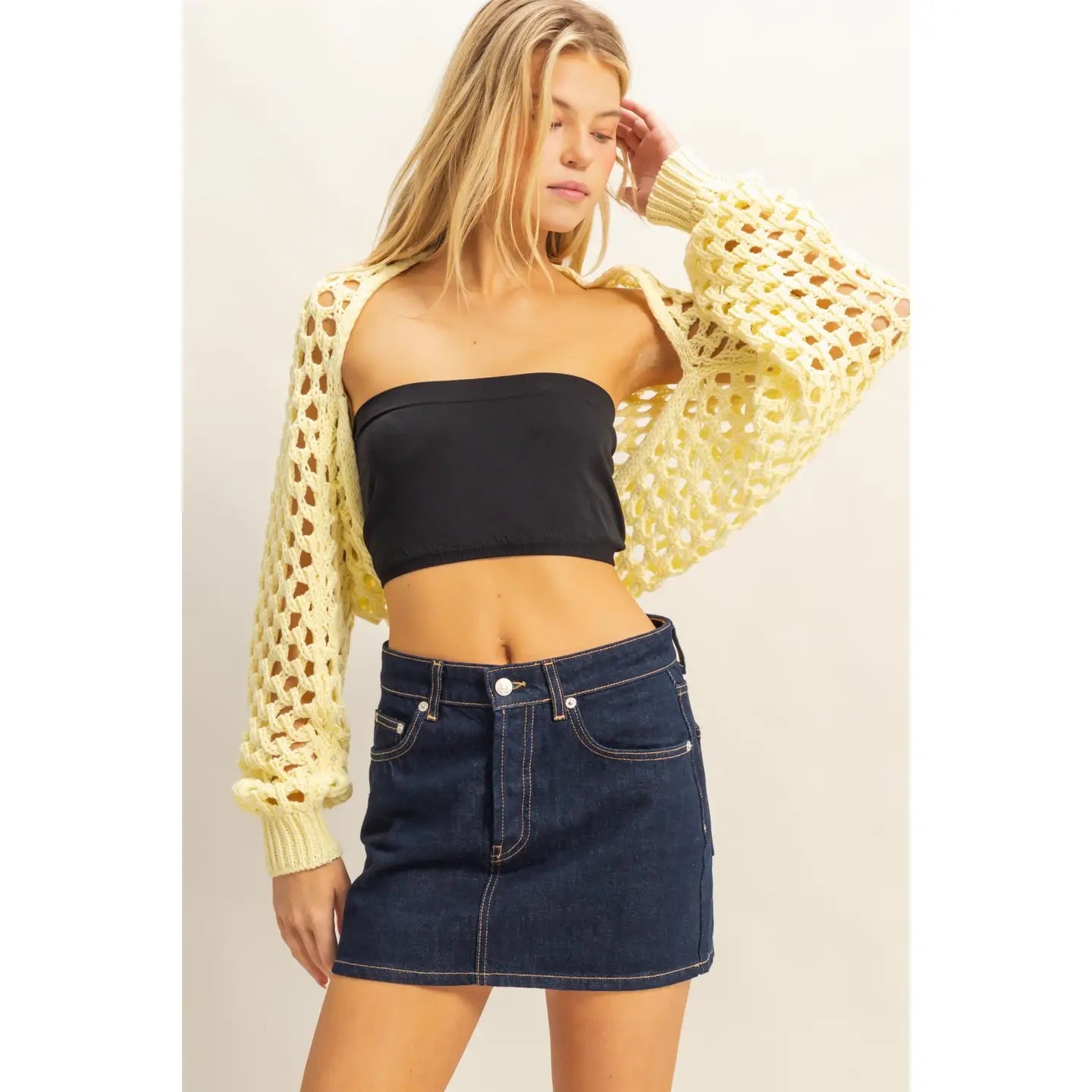 Open Stitch Long Sleeve Bolero Cardigan Lemon Tops