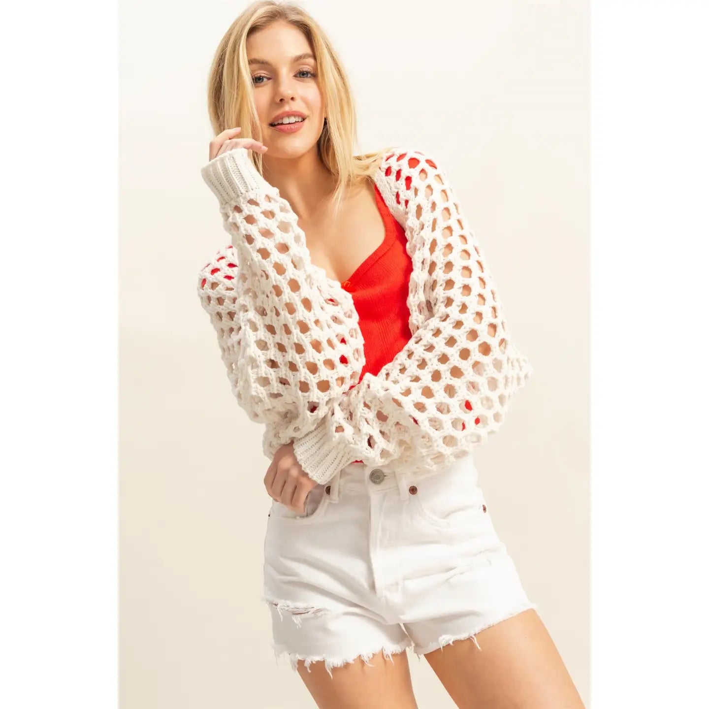 Open Stitch Long Sleeve Bolero Cardigan Off White Tops