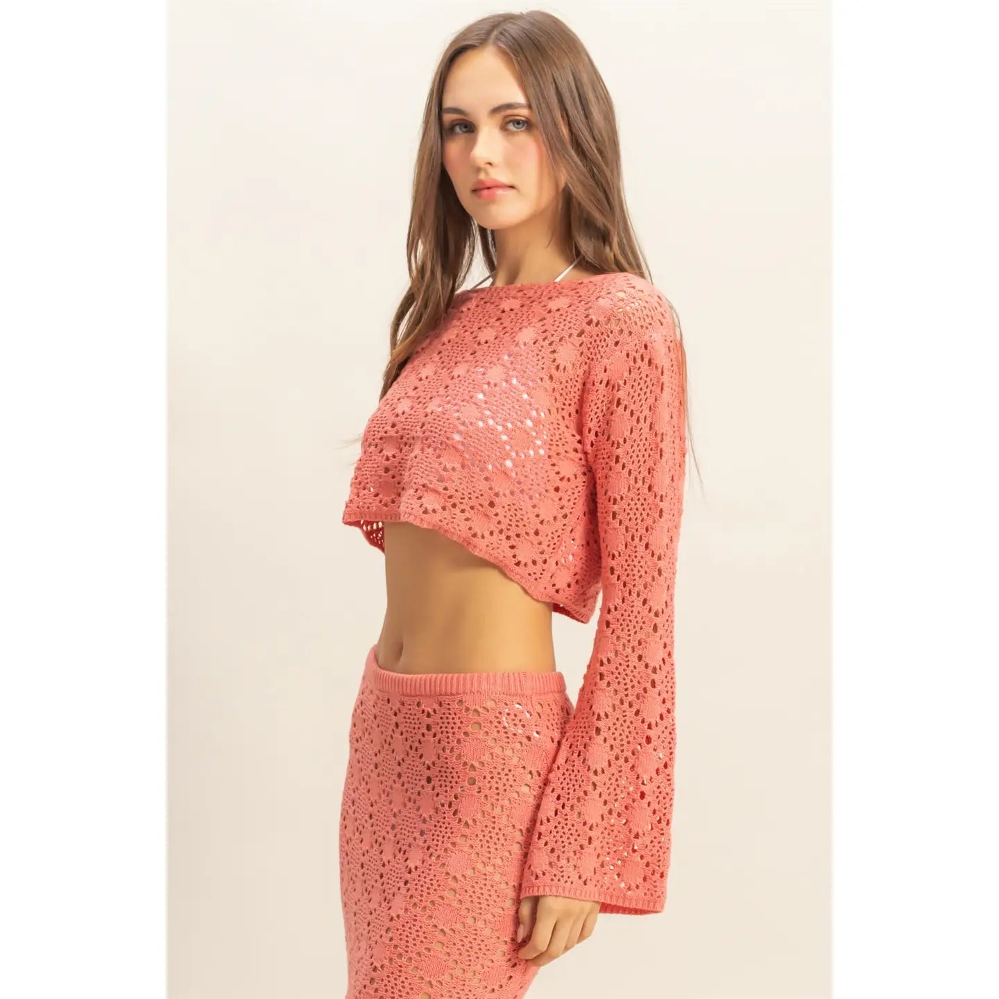 Coral Open Stitch Knit Long Sleeve Crop Top