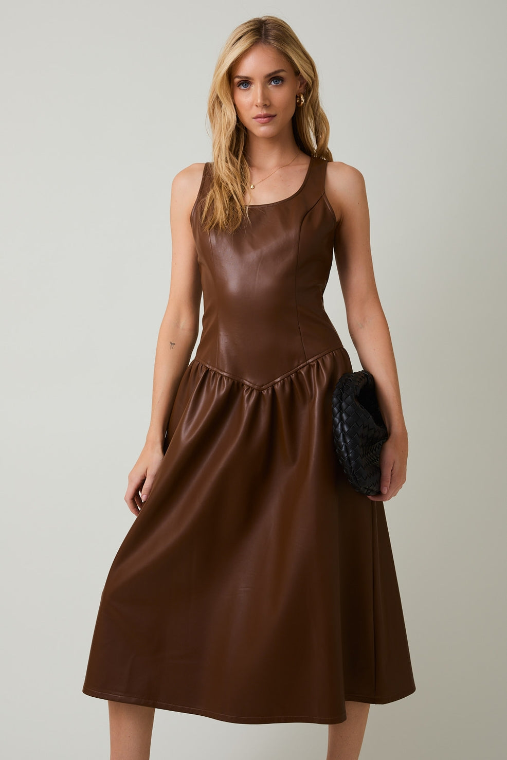 Scooped Neck Sleeveless Drop Waist Faux Leather Midi Dress