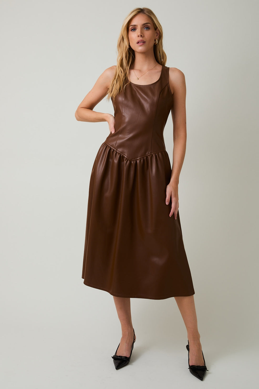 Scooped Neck Sleeveless Drop Waist Faux Leather Midi Dress