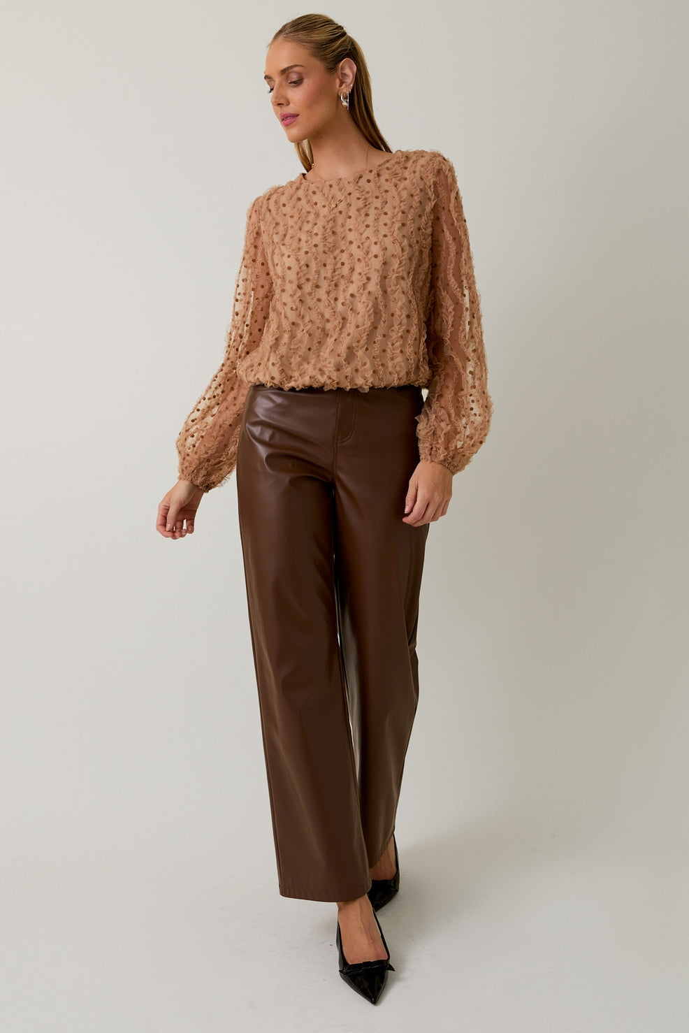 Round Neck Long Sleeve Texture Mesh Top