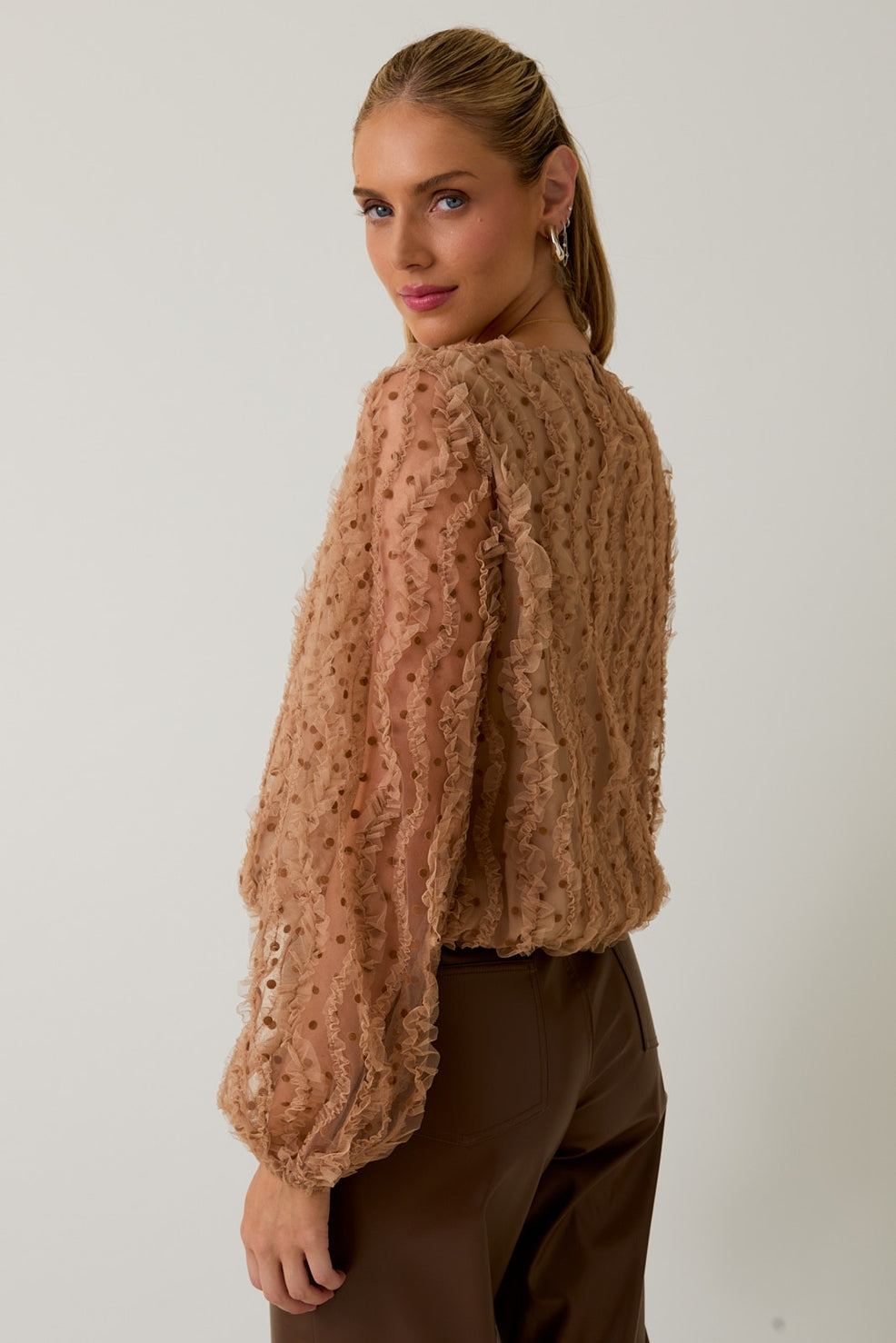 Round Neck Long Sleeve Texture Mesh Top