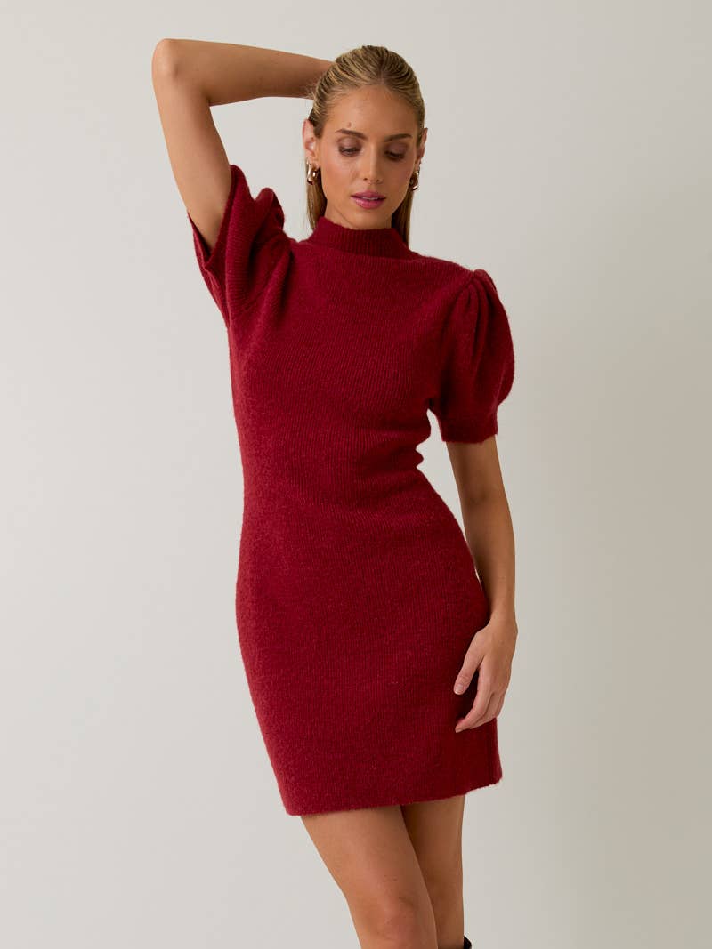 Mock Neck Puff Short Sleeve Sweater Mini Dress