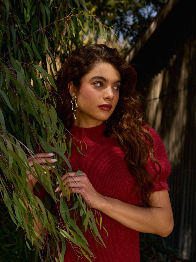 Mock Neck Puff Short Sleeve Sweater Mini Dress