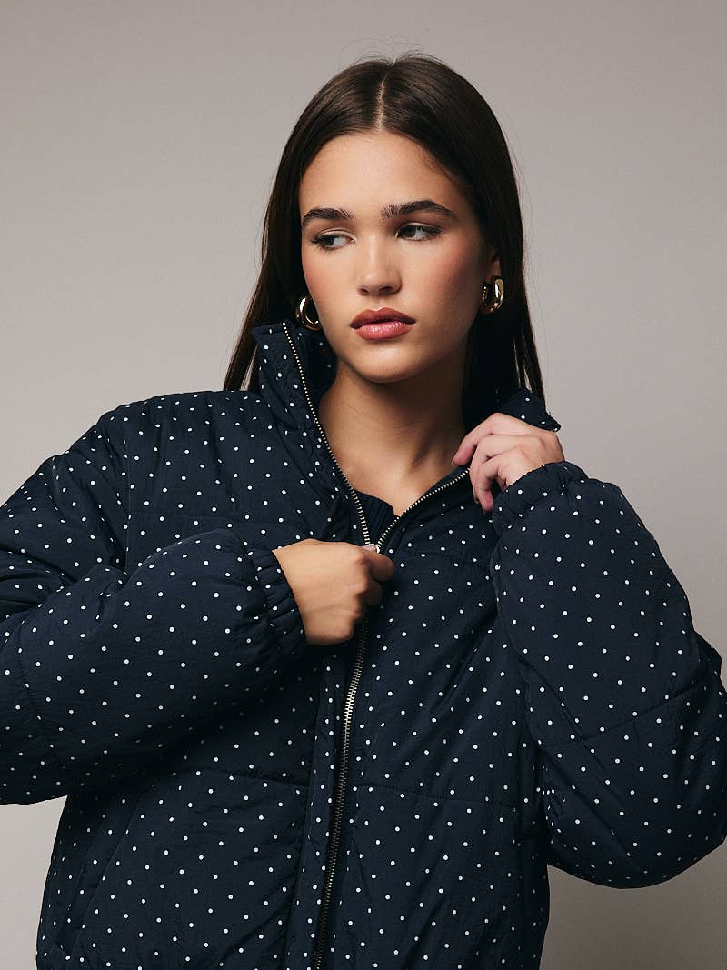 High Neck Long Sleeve Polka Dot Ruffle Detail Quilted Jacket