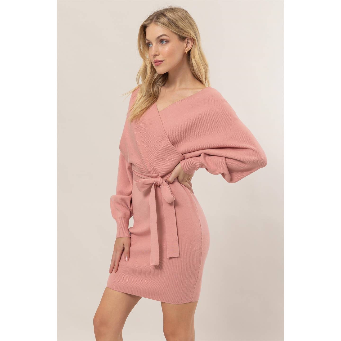 Knit Surplice Belted Mini Dress