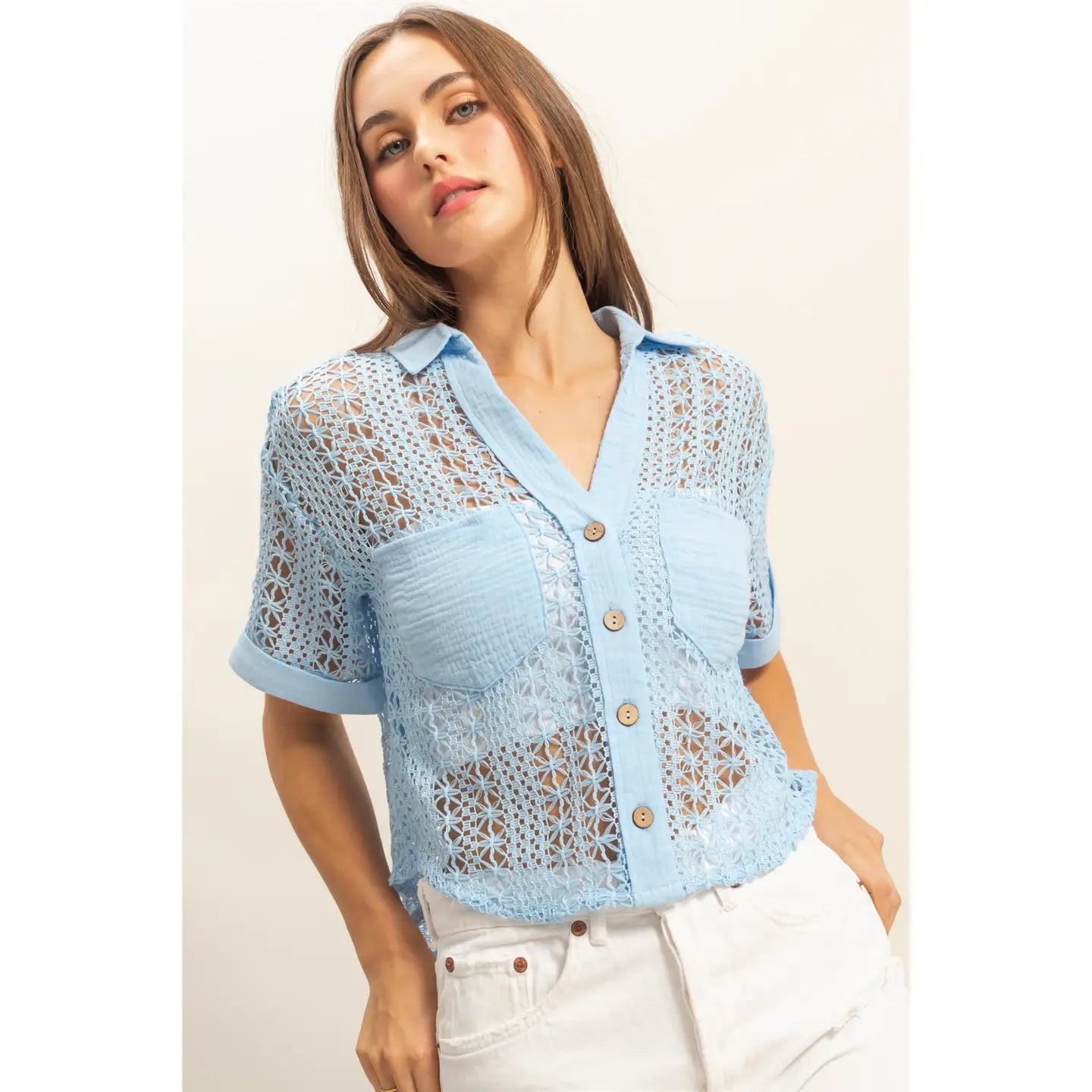 Blue Short Sleeve Crochet Fabric Shirt