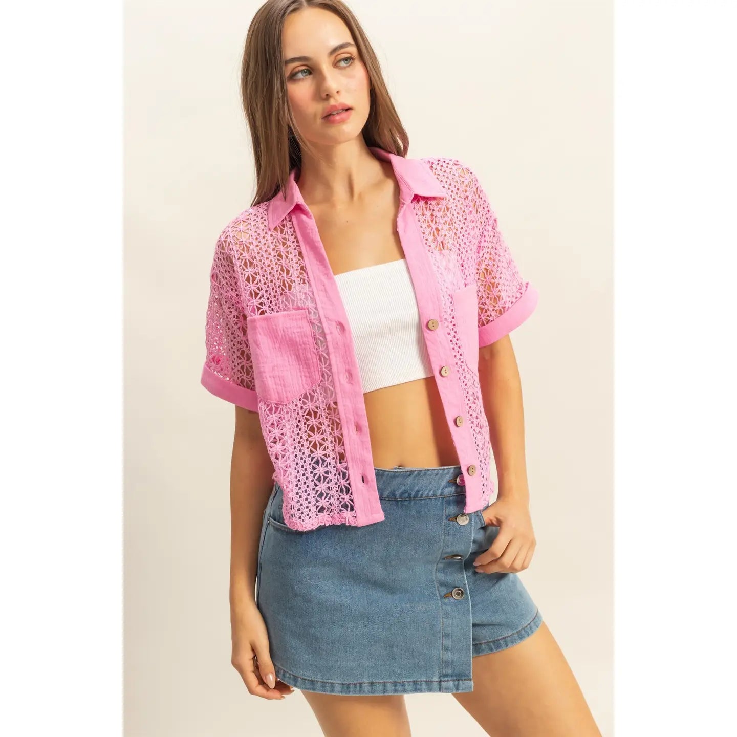 Pink Short Sleeve Crochet Fabric Shirt