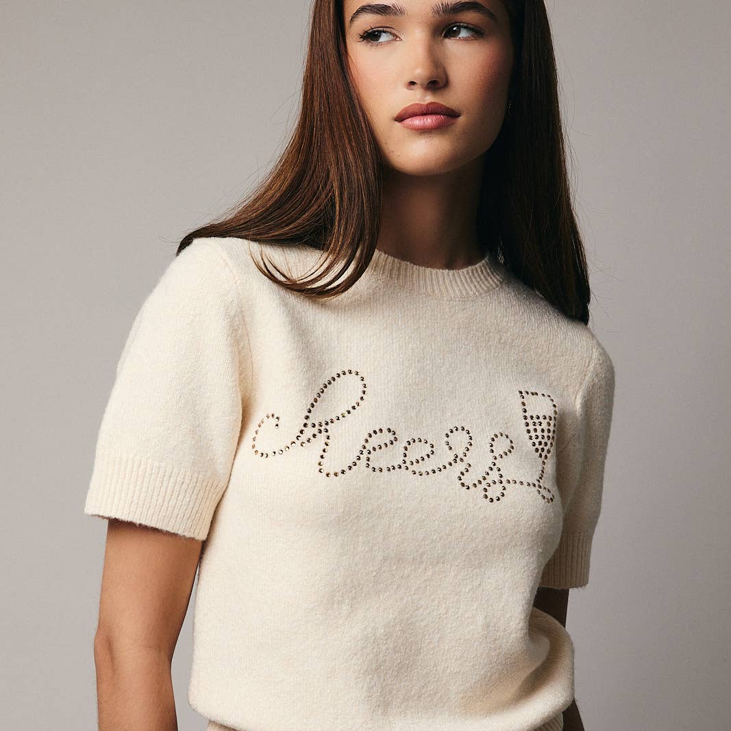 Cheers Rhinestone Lettering Cream Beige Sweater