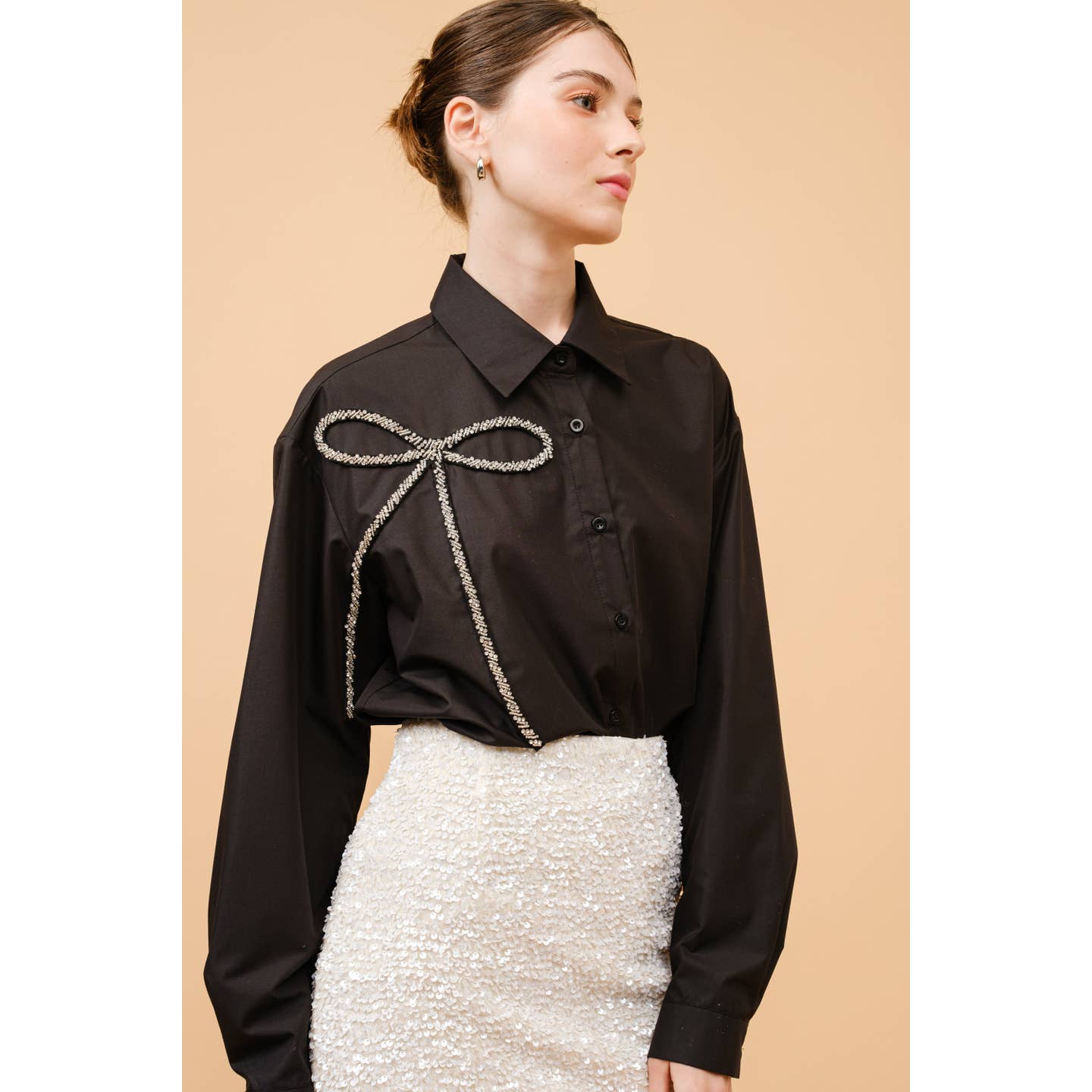 Long Sleeve Bling Bow Embellished Shirt Top