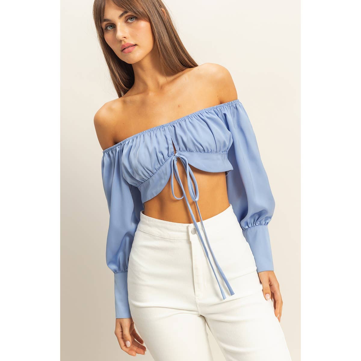 Light Blue Off the Shoulder Satin Crop Top