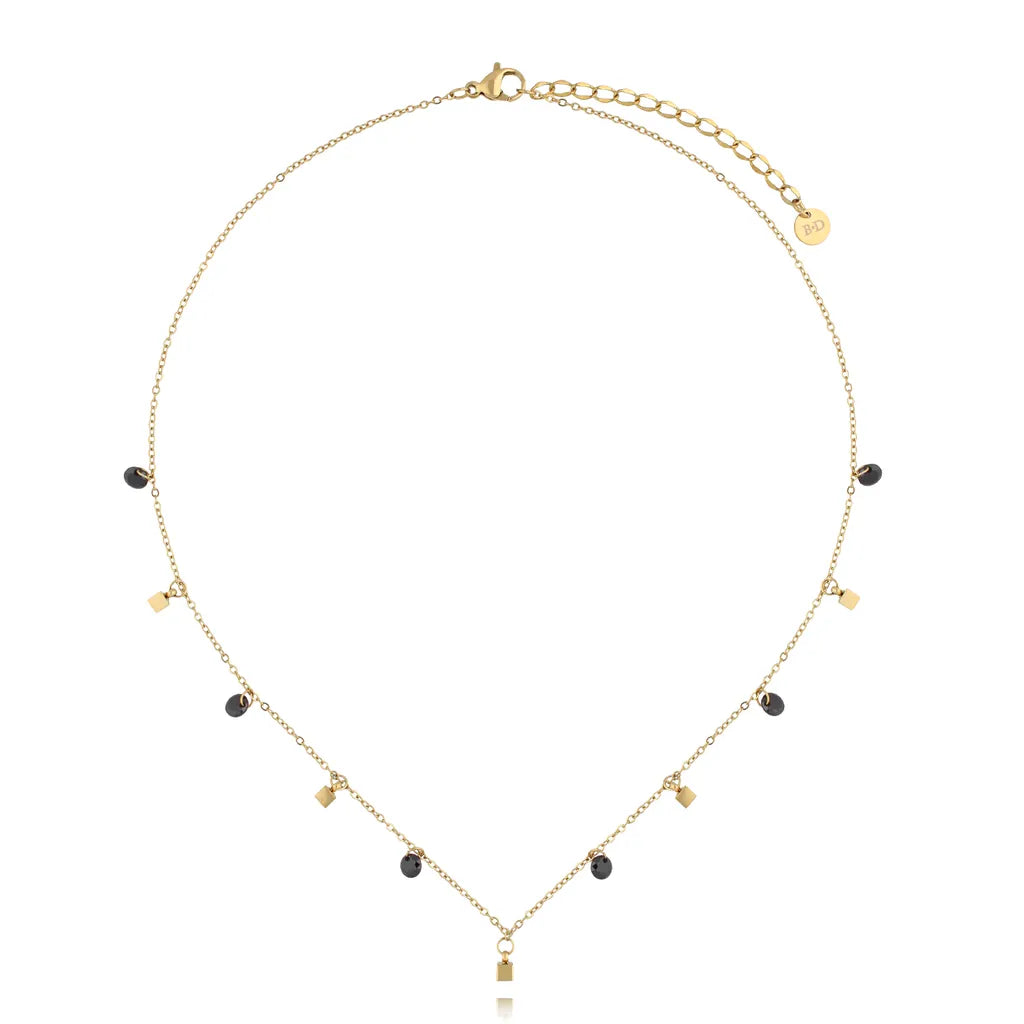 Stainless Steel Necklace with Black  Crystals