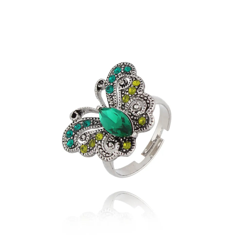 Sweet Emerald Green Butterfly Silver Adjustable Ring