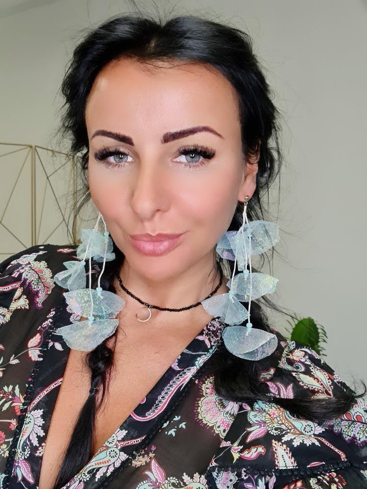Light Blue Blossom Earrings with Iridescent Brocade Application