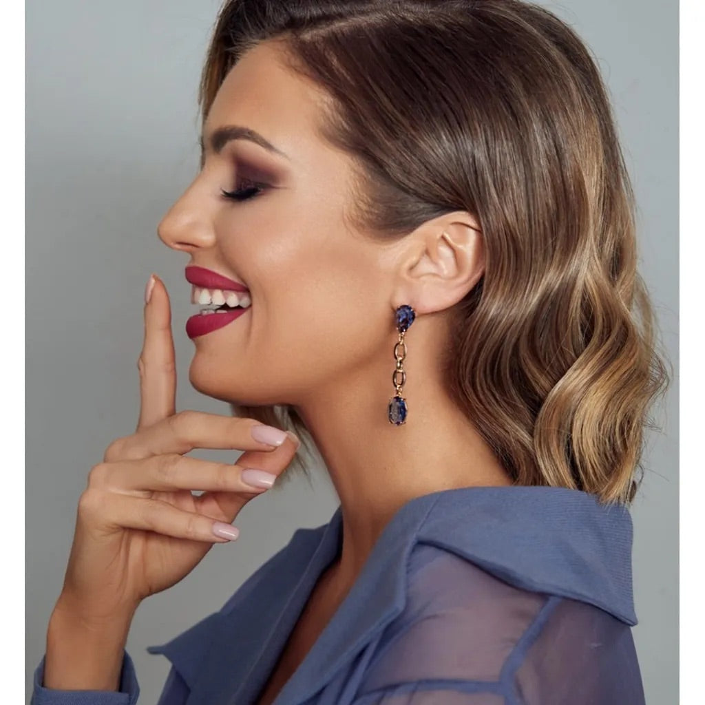 Marianne Blue Crystal Gold Dangle Earrings