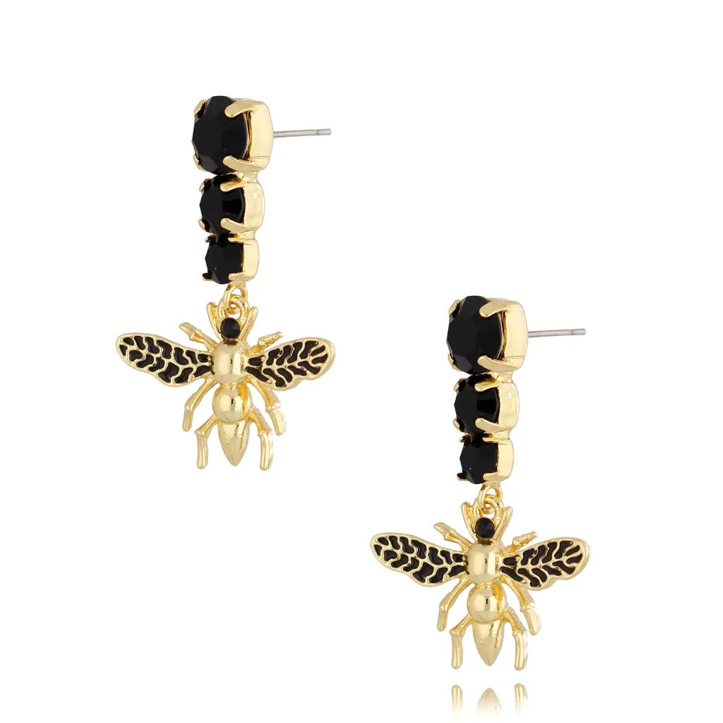 Black Bee Crystal Gold Earrings